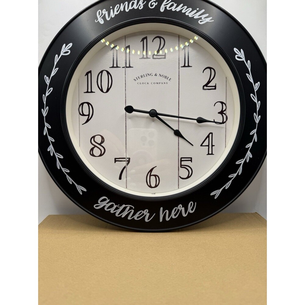 Farmhouse Wall Clock “Friends & Family Gather Here” Rustic Black 12” Decor